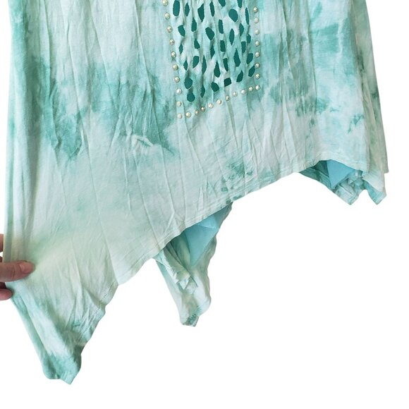 NEW Vocal Mint Green Teal Cross Cutout Boho Rhinestone Tie Dye Long Tunic Dress - Picture 7 of 9